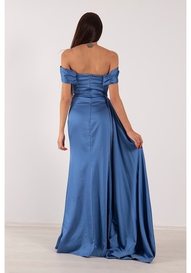 Belamore Indigo Drape Detaylı Saten Kumaş Abiye 9704858.98