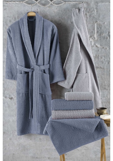 Elart Bornoz Aile Seti % 100 Pamuk 6 Parça Naturel Mavi (520704410)-Mavi-Tek Ebat Mavi