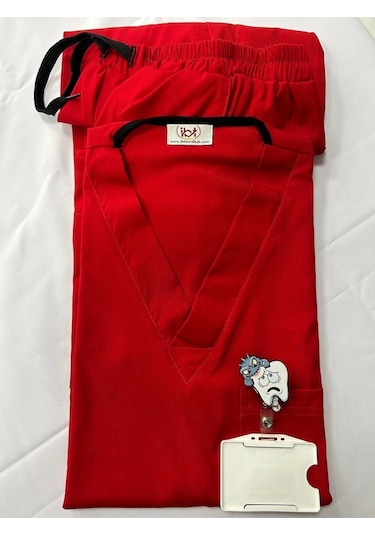 Doktor Hemşire Scrubs Üniforma Ligralı Kırmızı