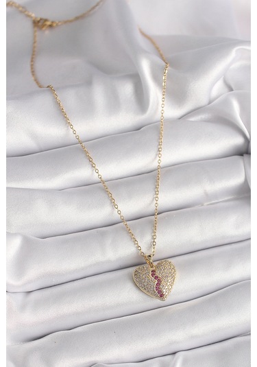 Gold Renk Zincir Zirkon Taşlı Kalp Model Kadın Kolye - Ebj241228w30252 Bakır