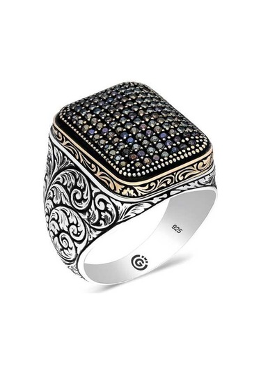 Gumush 546038465 Gümüş Siyah Zirkon Taşlı Kare Erkek Yüzük