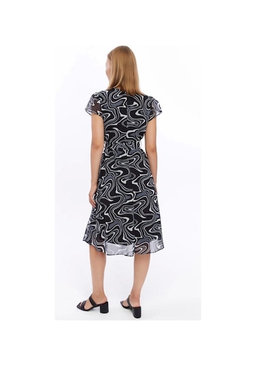 Kadın Desenli Kruvaze Yaka Midi Şifon Elbise 4445/110 Gri