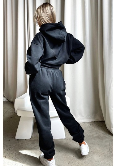 Kelebek Kışlık Eşofman Takımı - Siyah Baskılı Kapüşonlu Oversize Siyah