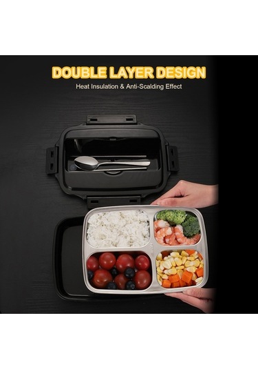 Pazly 304 Çelik Mikrodalgada Isınabilir 3 Bölmeli Taşınabilir Yemek Kabı - Kaşık+çubuk Hediyeli Siyah Siyah