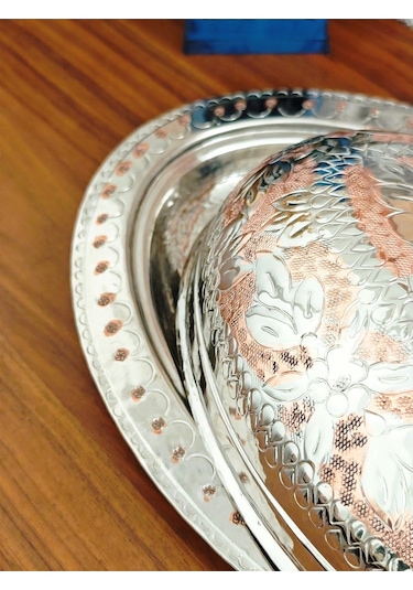 Modabakir Kayık Tabak, Bakır Sahan Kapaklı Işlemeli 35 Cm
