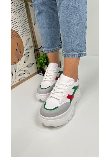 Günlük Kadın Sneaker Kalın Yüksek Taban Bağcıklı Rahat Tiger Şeritli Spor Ayakkabı 032 08-taş Yeşil Kırmızı