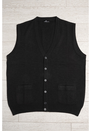 Cepli V Yaka Battal Büyük Boy Düğmeli Yünlü Triko Yelek Antrasit