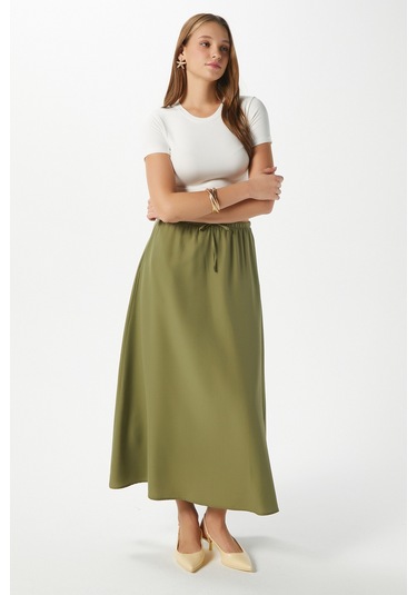 Kadın Seaside Haki Astarlı Bel Lastikli Cepli Dokuma Uzun Etek Haki