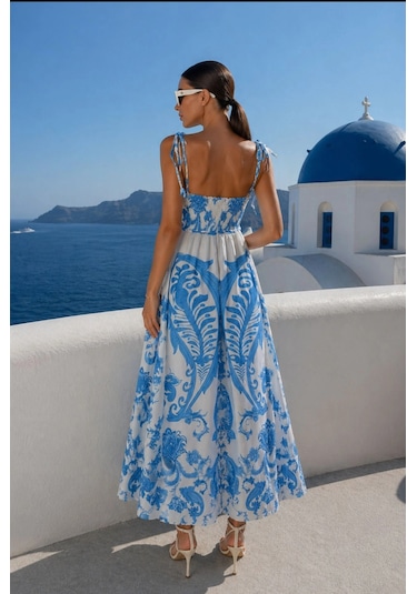 Asprinfashion Askılı Çiçek Uclu Baskılı Elbise Mavi