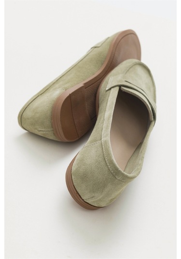 F02 Açık Yeşil Süet Hakiki Deri Kadın Loafer Ayakkabı Yeşil