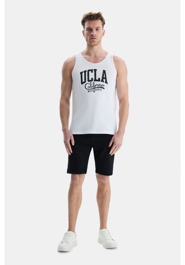Ucla Pebble Beyaz Sıfır Kol Baskılı Oversize Erkek Tshirt Beyaz