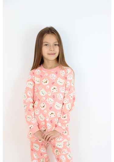 Kız Çocuk Orta Kalınlıkta Basic Baskılı Pijama Takımı Somon