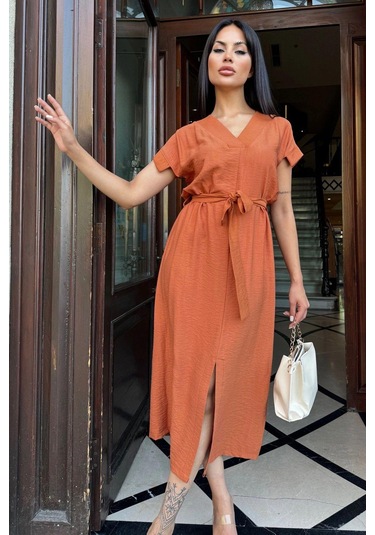 Kiremit V Yaka, Kısa Kol, Airobin Kumaş, Omuz Detaylı, Kemerli/kuşaklı, Önden Yırtmaçlı Maxi Elbise Kiremit