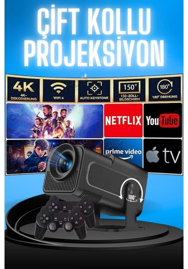 Projektör Siyah Android Taşınabilir Sinema Projeksiyon Wifi Destekli En Güncel Sürüm Akıllı