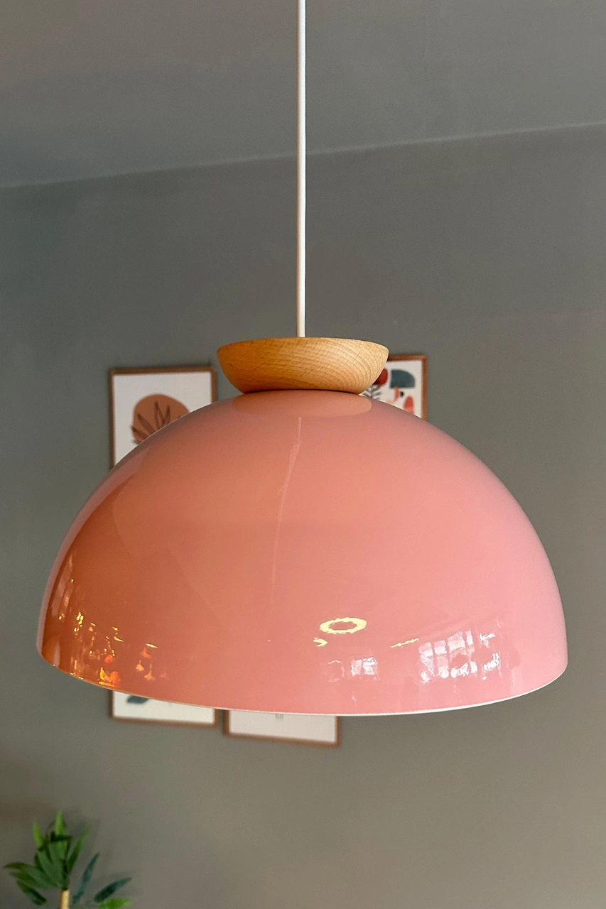 Yimpi Pembe Avize Ahşap Tekli Sarkıt Salon Kuaför Cafe Dekoratif Aydınlatma Pastane Pembe