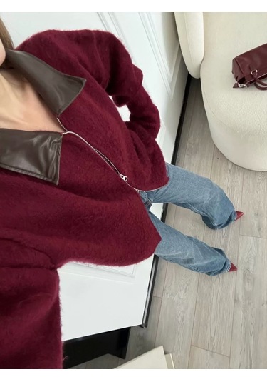 Deri Yakalı Pamuk Dokulu Çift Taraflı Çalışan Fermuar Ceket - Bordo Bordo