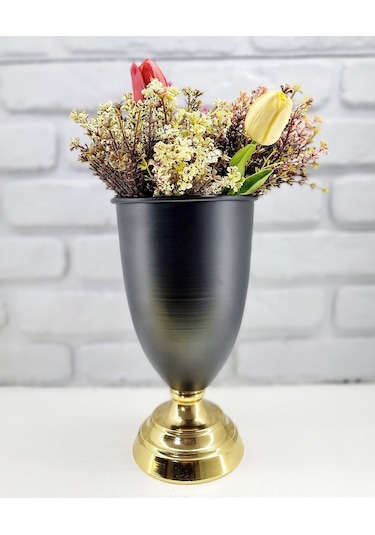 Modern Dekoratif Gold Ayaklı Siyah Vazo Masa Üstü Aksesuar Dekor Gold - Siyah