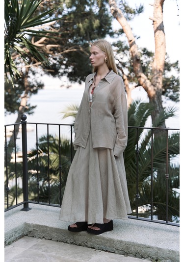 Calynn Sırt Dekolteli Çizgili Haki Keten Gömlek Haki