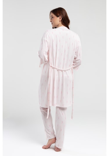 Arnetta 3266 Sabahlıklı 3 Lü Hamile Lohusa Pijama Takımı Beyaz V1