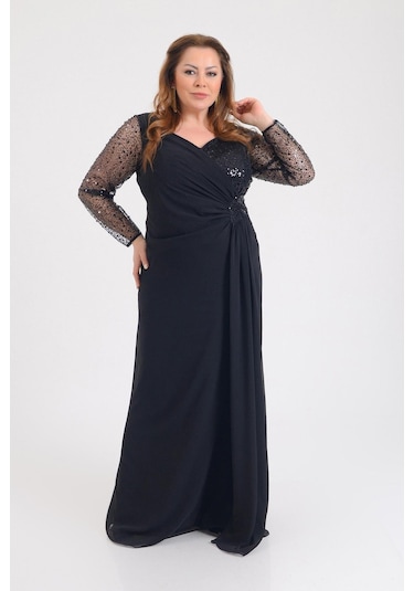 Lilas Xxl Kadın Büyük Beden Şifon Uzun Abiye Elbise 9651 Siyah Siyah