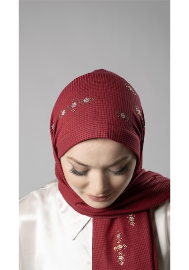 Bordo Pratik Hazır Geçmeli Tesettür Şal Örme Kumaş Taşlı Çiçek Desenli 2118c 16