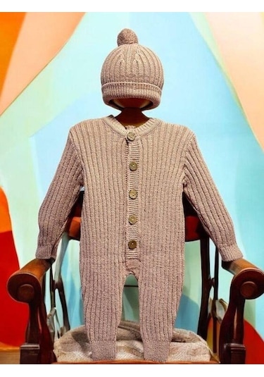 Bebek Örgü Fitilli Bereli Kışlık Tulum-15298 Gül Kurusu