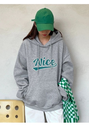 Gri Nice Baskılı Oversize Kapşonlu Sweatshirt Nicebaskılıkpsnlu