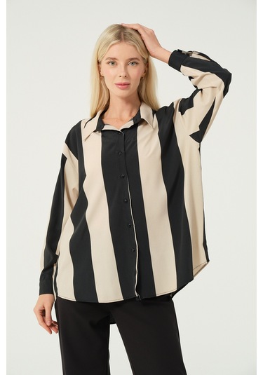 Basic Oversize Çizgili Gömlek Bej Siyah Bej - Siyah