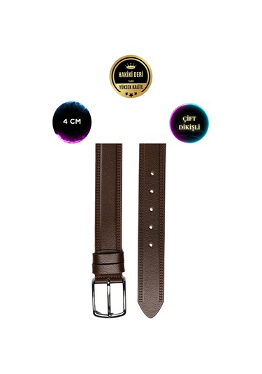 Hakiki Deri Taba Özel Çift Dikişli 4 Cm Klasik Erkek Kemer Kahverengi