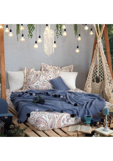 İyi Geceler İstanbul Boho Chic Çift Kişilik Battaniye Takımı Coba Mavi