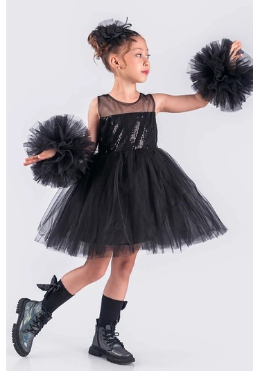 Kız Çocuk Abiye Elbise Ponpon Kol Pul Payetli Tütülü Siyah