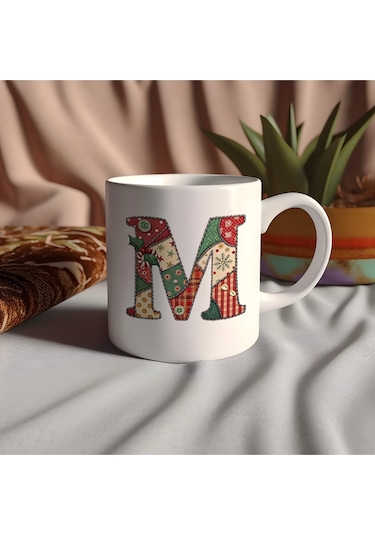 N Harfi Yılbaşı Temalı Kupa Bardak - Yeni Yıl Konsept Yamalı Efekt Tasarım - Noel Hediye Beyaz