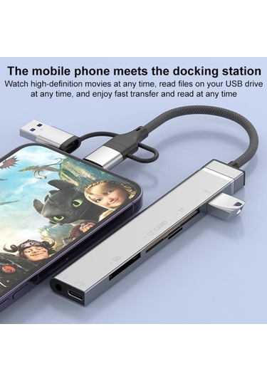 Usb / Typ-c / 8 Pin-cf / Tf / Sd Kart Okuyucu, 3,5mm Hub Adaptörü 6 Arada 1 Yerleştirme İstasyonu Gümüş , Boyut:6'da 6