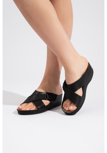 Roy Jones Kadın Ortopedik Çapraz Cırtlı Ayarlanabilir Üst Detay Konfor Modeli Günlük Terlik Yumuşak Siyah