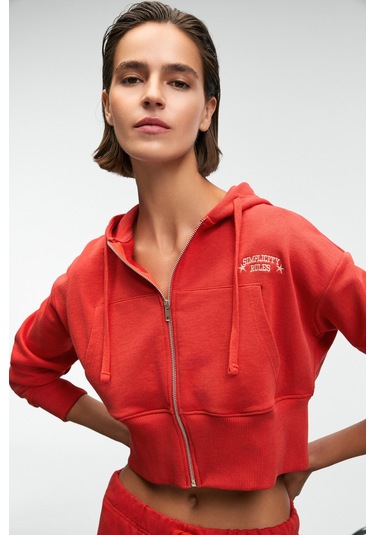 Grımelange Elara Kadın Metal Fermuarlı Nakışlı Kapüşonlu Crop Kırmızı Sweatshirt Kırmızı