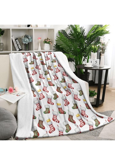 Noel Desenli 50x60 İnç Polar Battaniye, Yumuşak, Hafif Ve Kalın, Erkek, Kadın Ve Çocuk İçin Noel Çorap Kilit Desenli