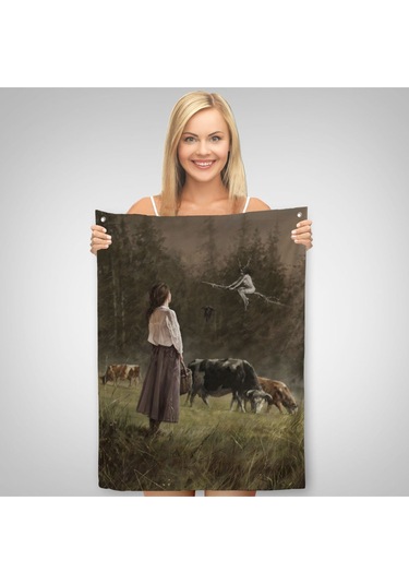 Süpürgeli Cadıya Özenen Kız Dekoratif Duvar Örtüsü - Halısı -6185