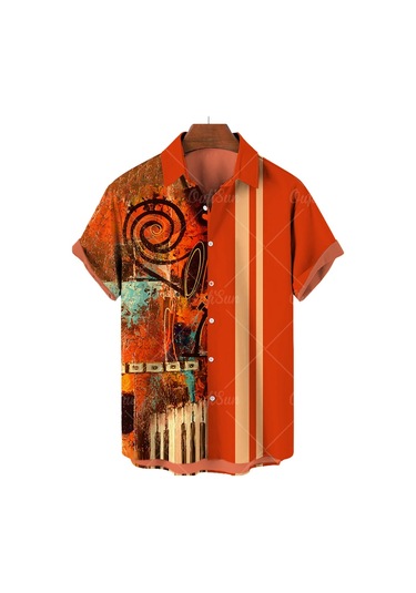 Snapbuyerkek Müzikal Gitar Baskılı Hawaii Gömlek Kısa Kollu Plaj Parti Üst Büyük Bedenkahverengi Kahverengi