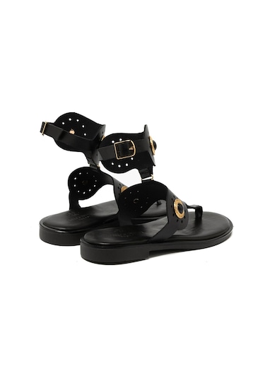 19 Black Sandalet Kadın 21075 Myconian 2025 Greek Sandal Siyah