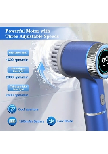 Xuweiwei Mavi Pancerka Elektrikli Doner Firca 5 Degistirilebilir Firca Basligi Type C Sarjli 3 Hiz Ayarli Banyo Mutfak Temizligi