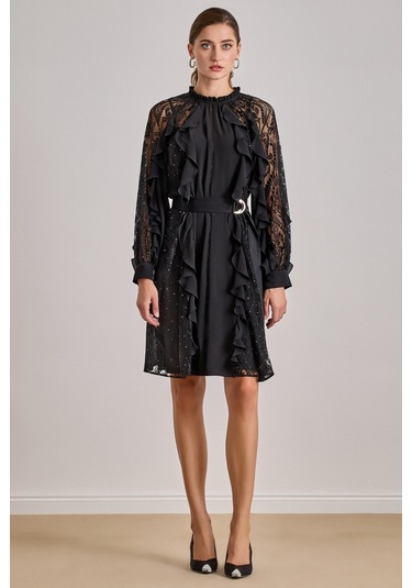 Dökümlü Siyah Krep Elbise Siyah