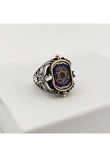 925 Ayar Gümüş Mavi Mineli Çift Taraflı Mührü Süleyman Erkek Yüzük Silver