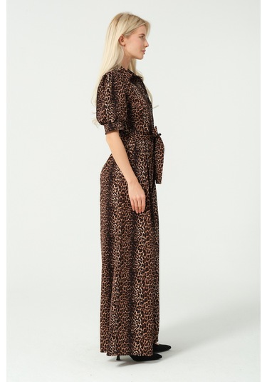 Balon Kol Bağcık Detaylı Tulum Leopar Desen Leopar