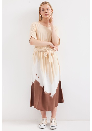 Bigdart 2504 Desenli Kısa Kol Viskon Elbise - Krem 001