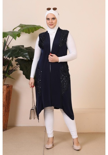Kadın Buyuk Beden Pulpayetli Siyah Yelek Uzun 001