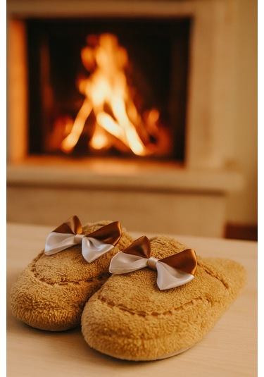 Golden Fiyonklu Kapalı Kadın Ev Terliği Günlük Rahat Kışlık Terlik Taba