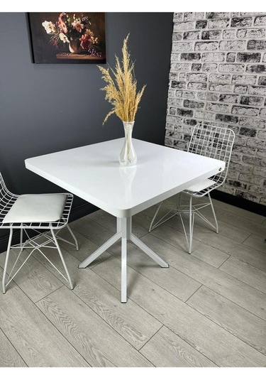 Roma Beyaz Mutfak Yemek Masası Balkon Masası Kavisli Köşe Metal Beyaz Ayak 80 Cm