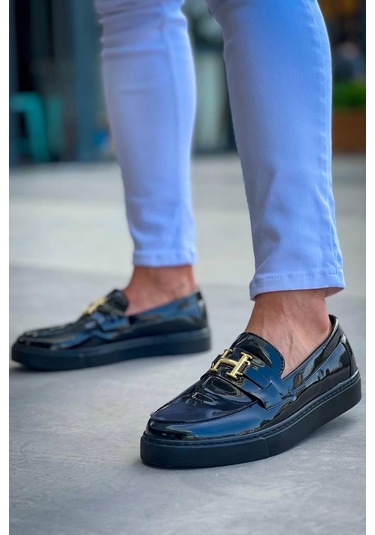 Bağcıksız Kömür Rugan H Günlük Erkek Ayakkabısı Siyah2 Siyah