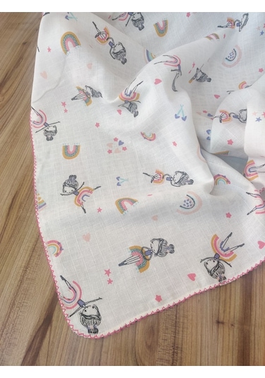 Desenli Müslin Kız Erkek Bebek Battaniyesi Oeko-texli %100 Pamuklu Puset Örtüsü Yenidoğan 90x80cm Pembe