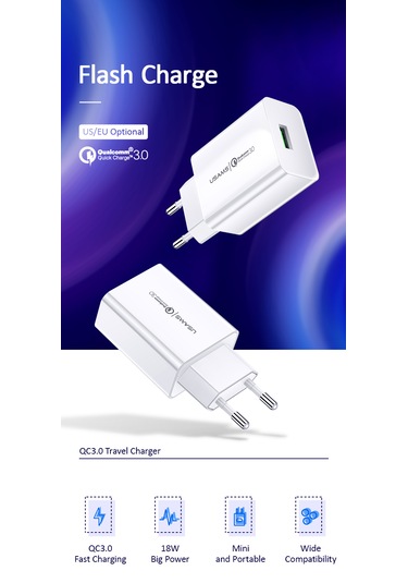 Usams US-CC083 T22 18W Hızlı Şarj Adaptörü QC3.0 – iPhone 13 / Samsung S23 / Google Pixel 8 Uyumlu